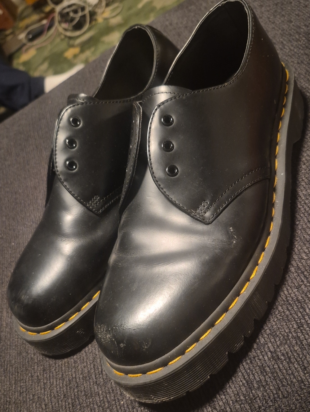 Dr. Martens Black Leather Platform Derbys with Yellow Stitching